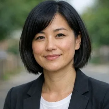 Woman in her late 30s, East Asian appearance, black bob, dark eyes, relaxed expression
