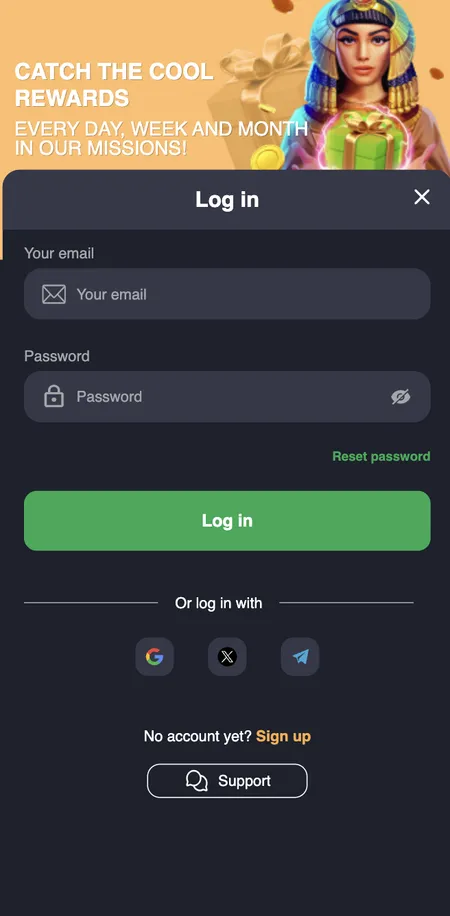 Slots Charm login screen with email and password fields