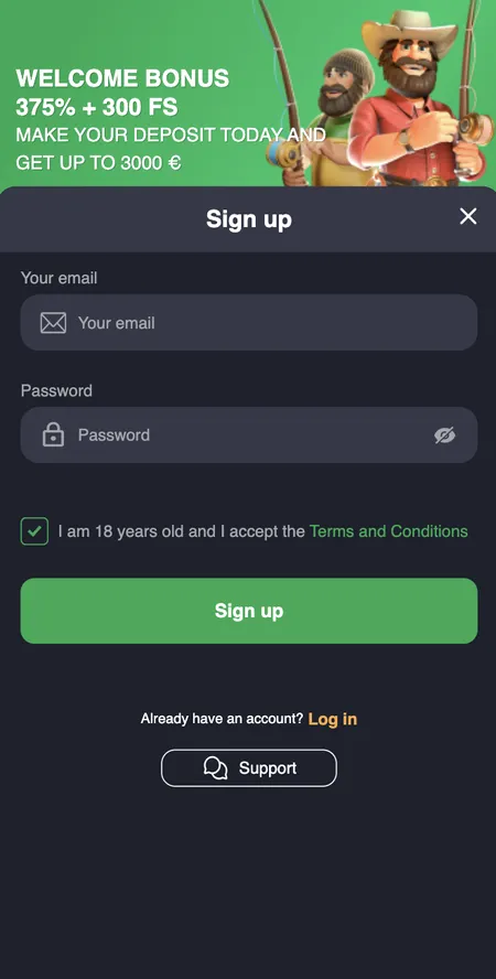 Slots Charm registration form with email, password and 18+ checkbox